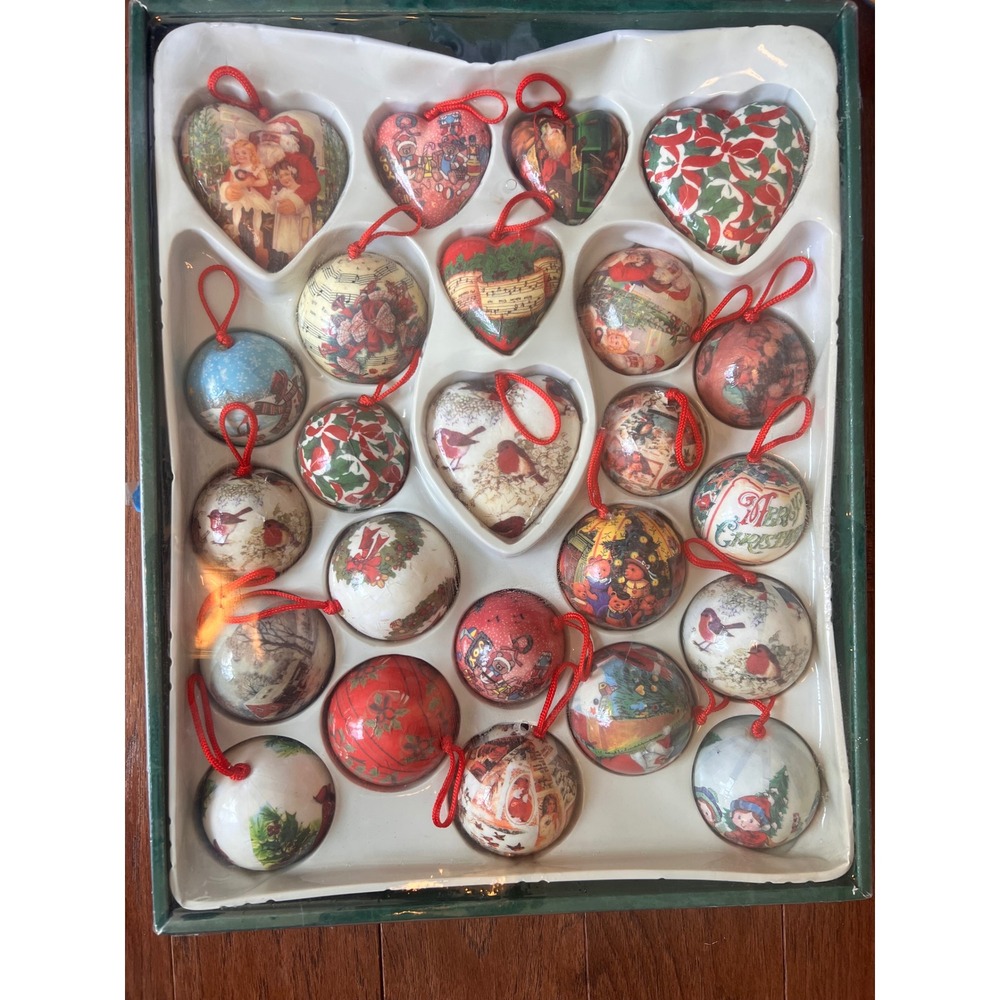 Vintage Trim A Home Christmas Ornaments 24pc Set Hearts Rounds Victorian Santa